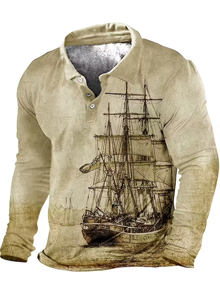 Giles - Stylish 3D Sailboat Print Lapel Shirt