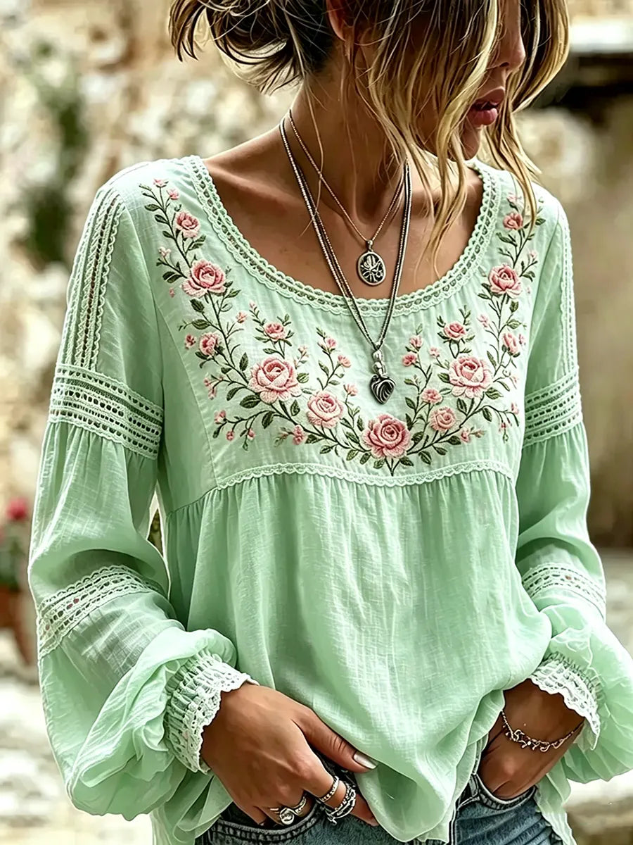 Esraa - Linen Blouse With Embroidered Floral Neck