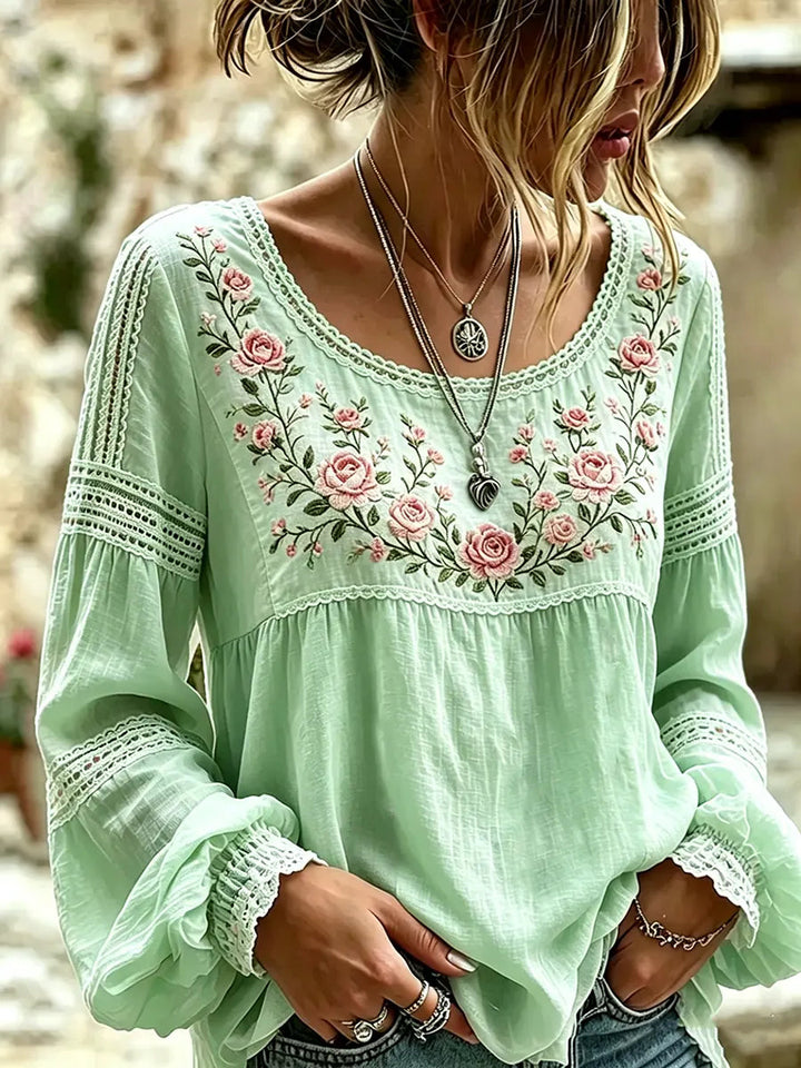 Esraa - Linen Blouse With Embroidered Floral Neck