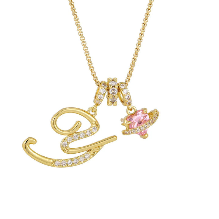 Nerute - Initial Letter Necklace With Pink Heart Charm