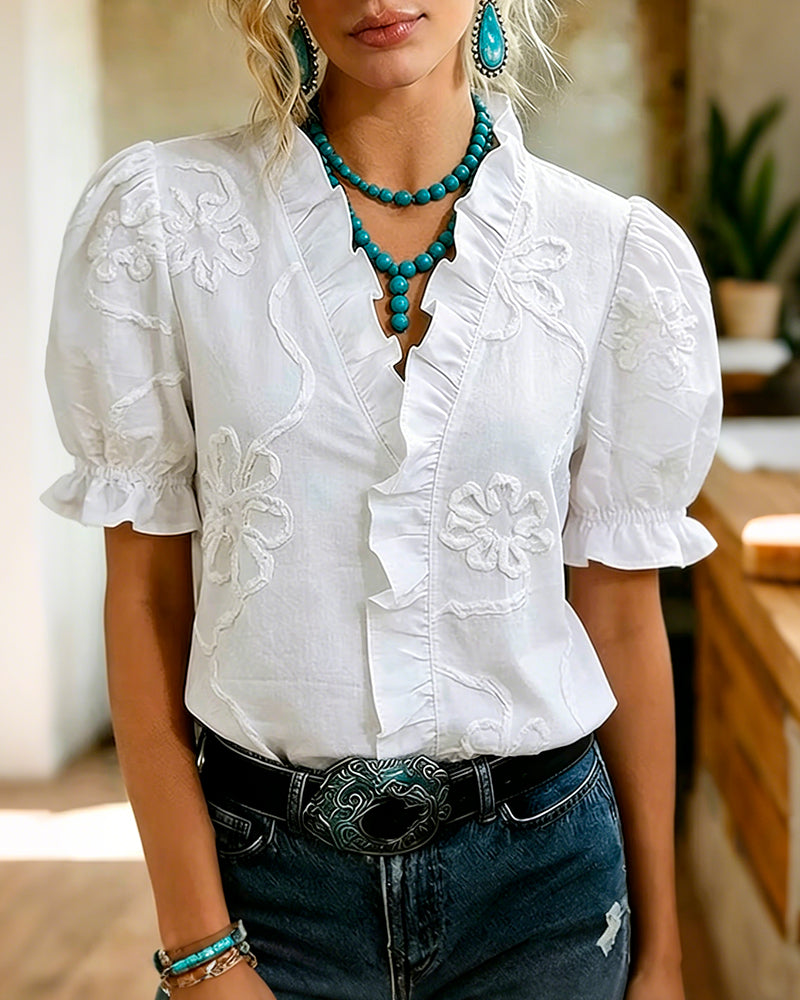 Lillynn - V-neck Blouse With Ruffled Trim And Puff Sleeves