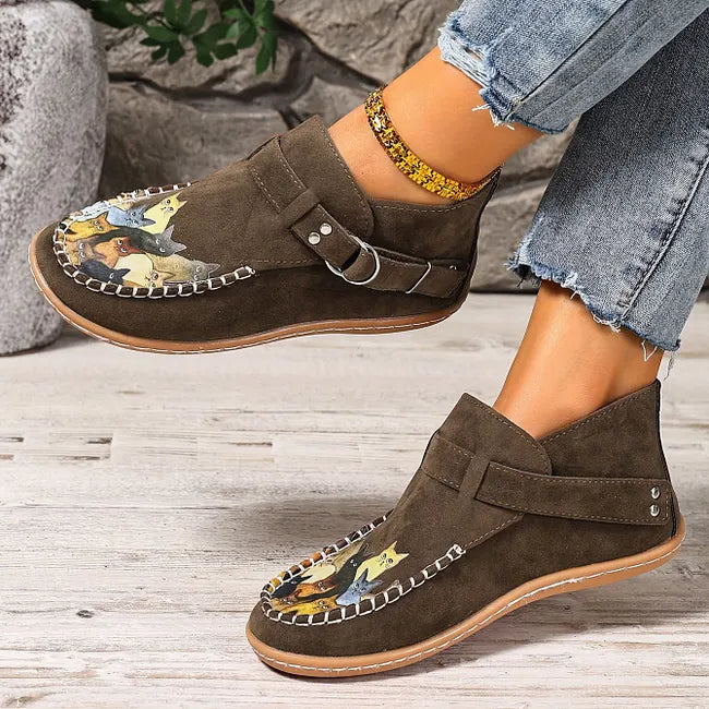 Corelle - Cat Print Flat Ankle Boots with Buckle