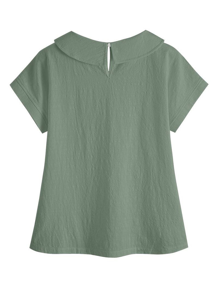 Krischelle - Lapel Lace Splicing Short Sleeve Sweater