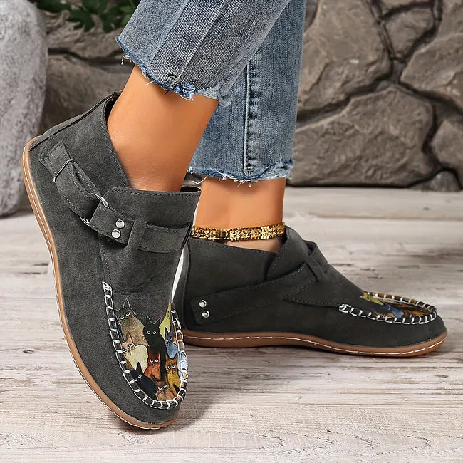 Corelle - Cat Print Flat Ankle Boots with Buckle