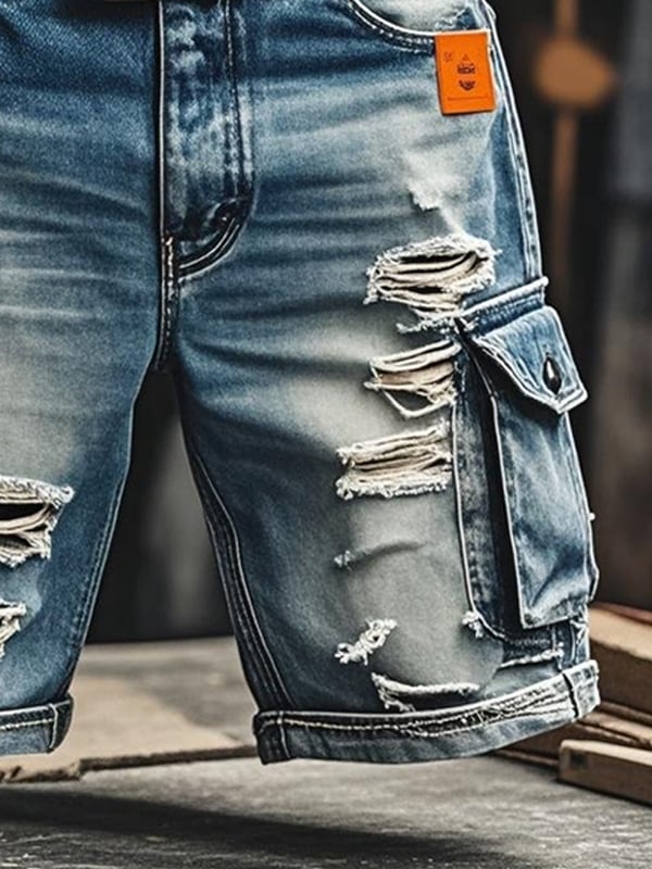 Men's Vintage Outdoor Functional Ripped Denim Shorts
