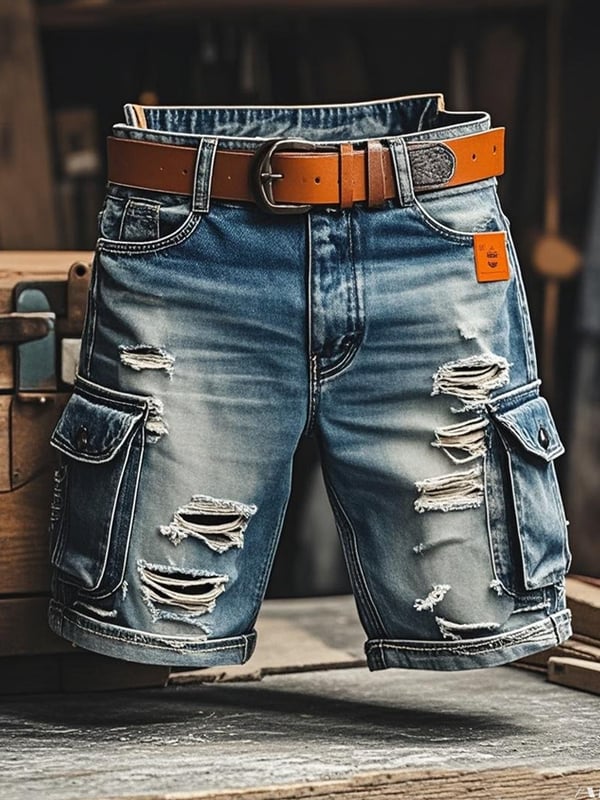Men's Vintage Outdoor Functional Ripped Denim Shorts