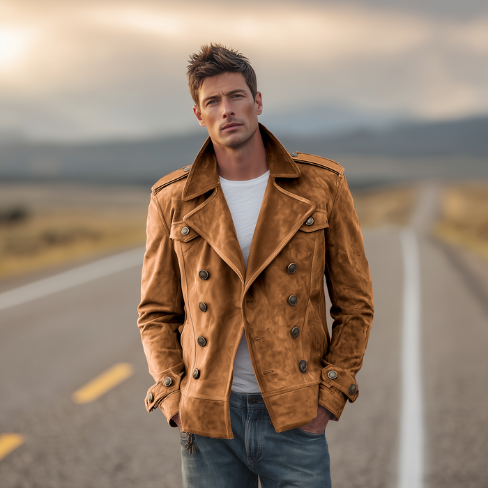 Momonosuke - Classic Retro Western Style Lapel Suede Double-Breasted Jacket