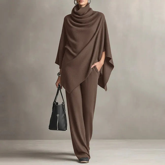 Tatjavuta - Cowl Neck Cape & Wide-Leg Pant Set