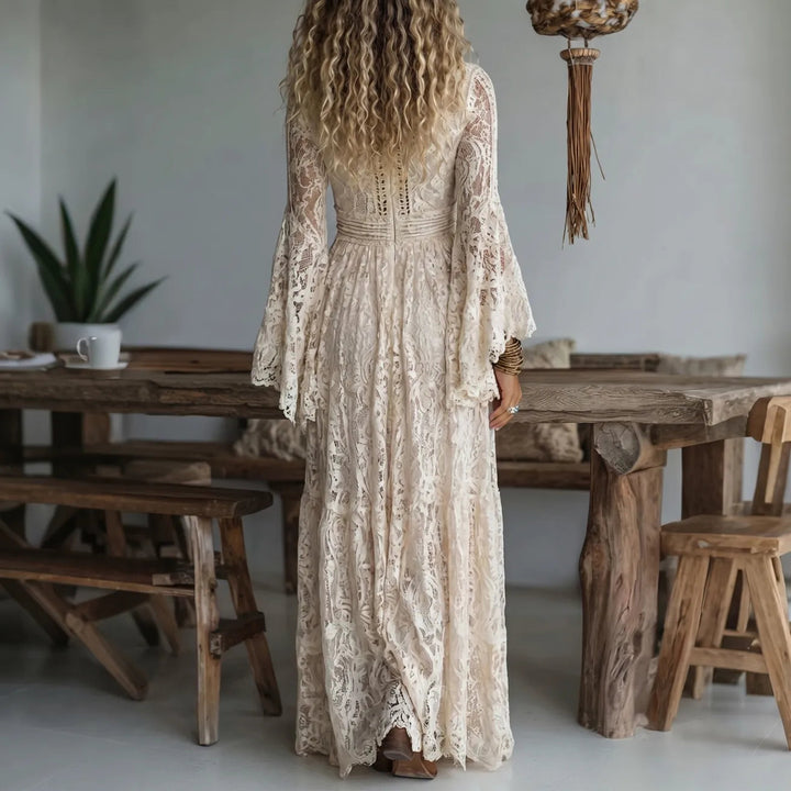 Chariya - Floral Lace Bell Sleeve Bohemian Maxi Dress