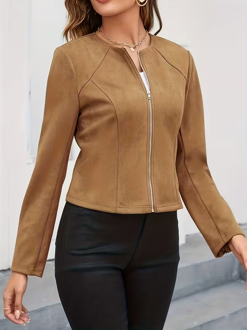 Eria - Round Neck Suede Zip-Up Jacket