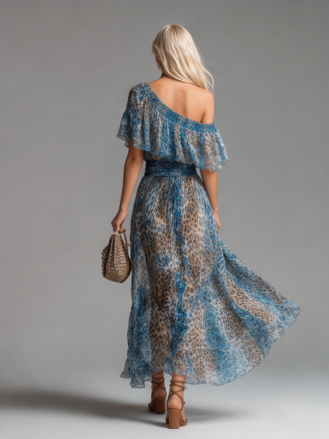 Siania - Leopard Print Chiffon Off-Shoulder Dress