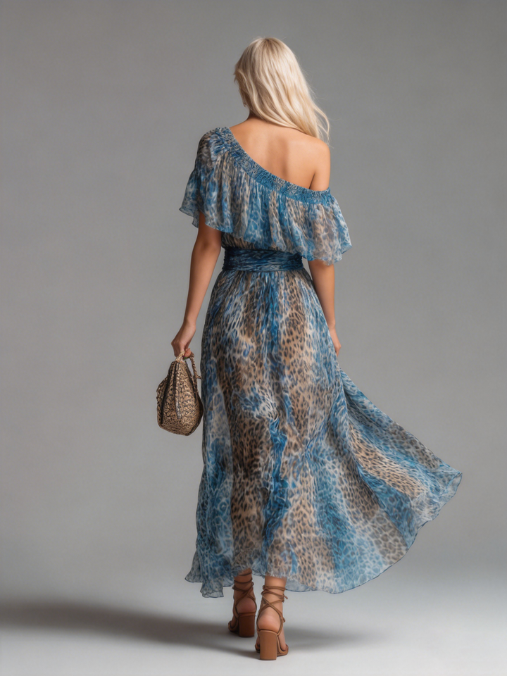 Siania - Leopard Print Chiffon Off-Shoulder Dress