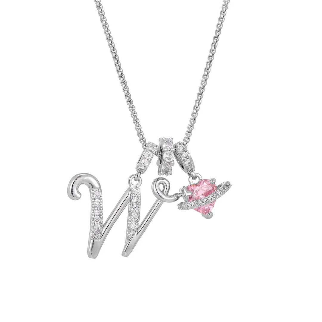 Nerute - Initial Letter Necklace With Pink Heart Charm