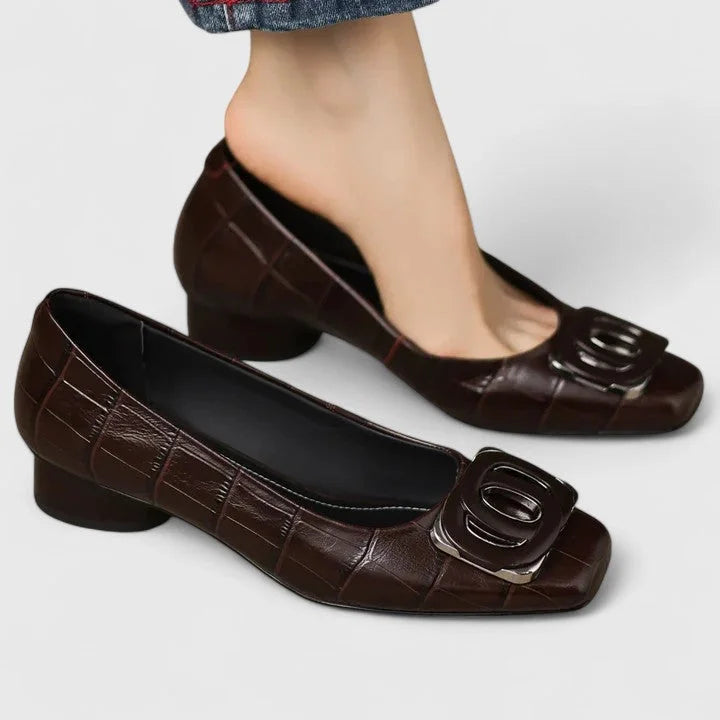 Antia - Elegant Square Toe Buckle Flats with Low Heel