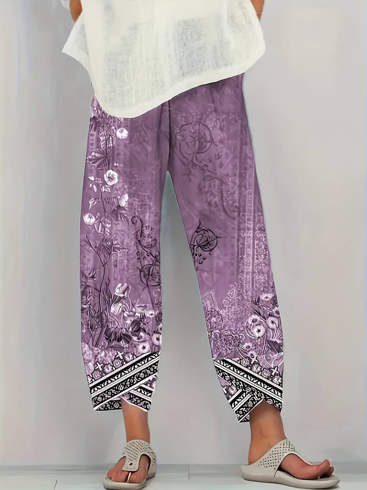 Thimasha - Vintage Floral Capri Pant With Elastic Waist