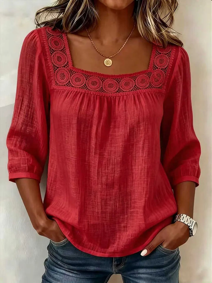 Nozomi - Square Neck Lace Patchwork Blouse