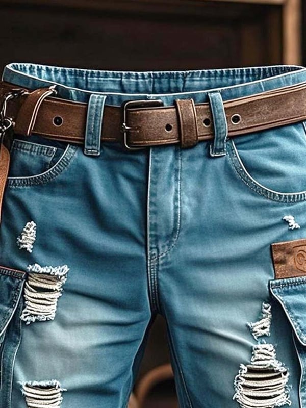 Men's Vintage Outdoor Functional Ripped Denim Shorts