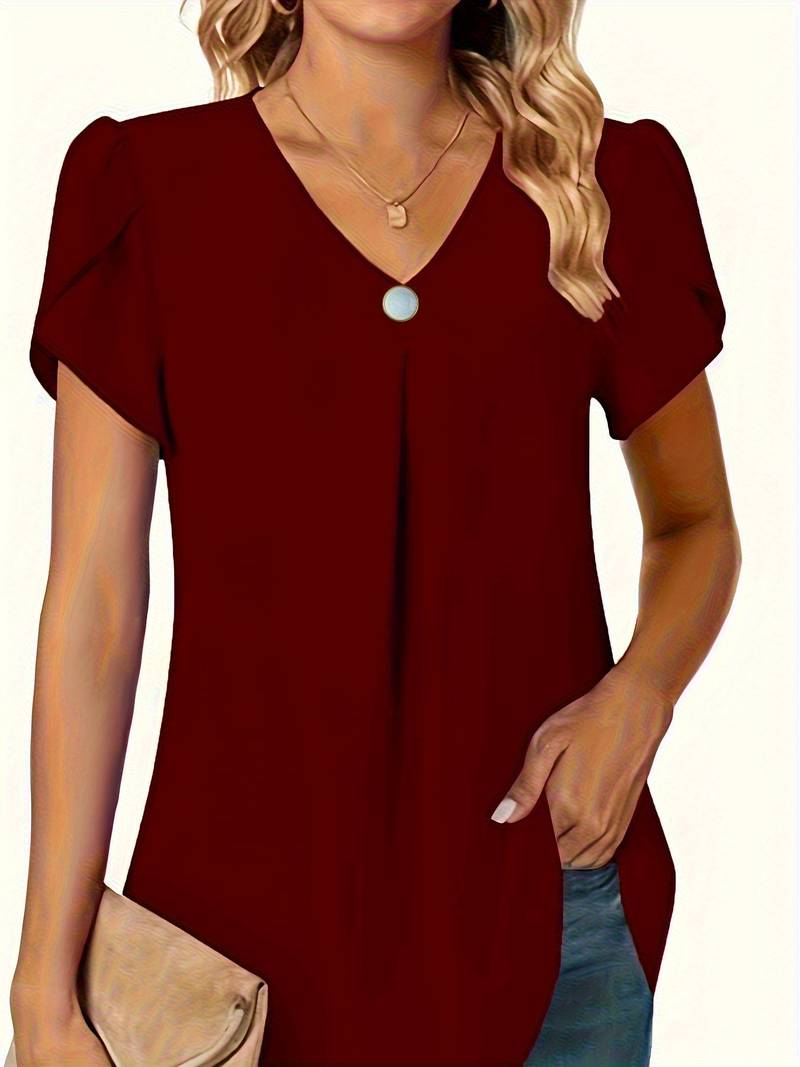 Thilakshi - Ruffle Short Sleeve Blouse With Single Button