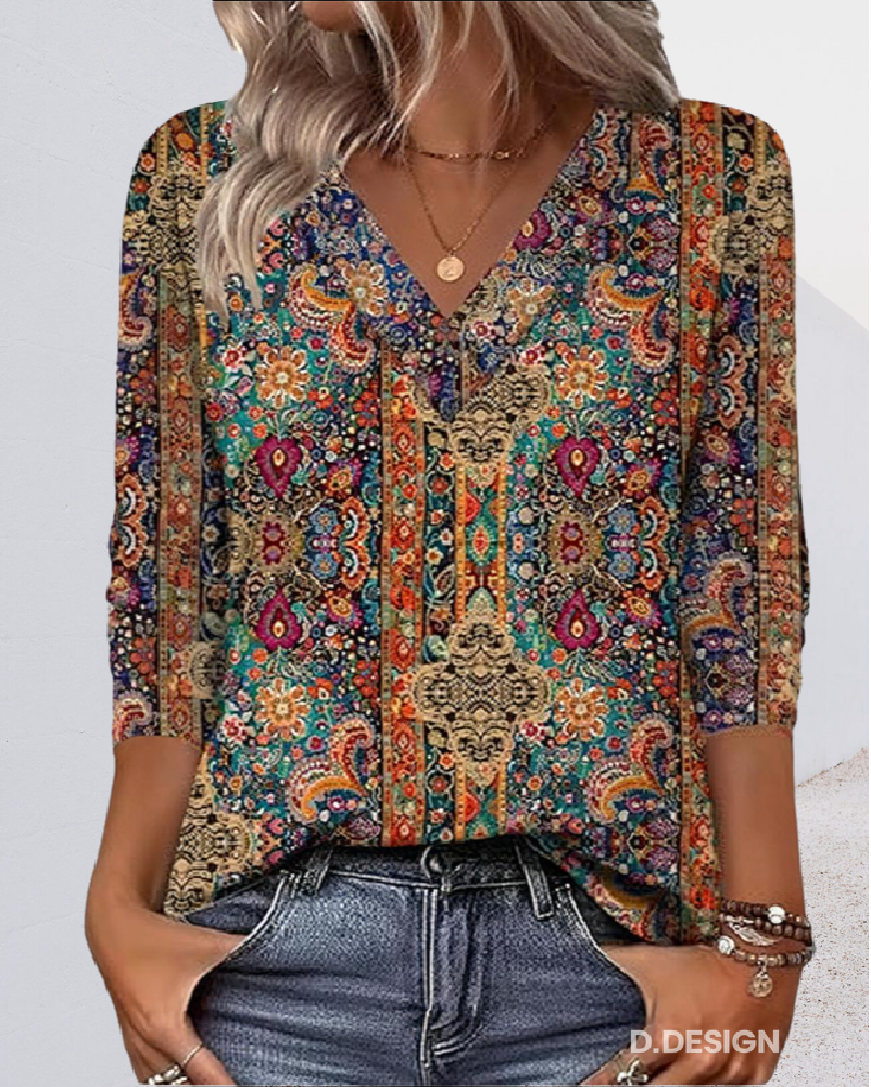 Eleeza - Retro Printed V-Neck Blouse