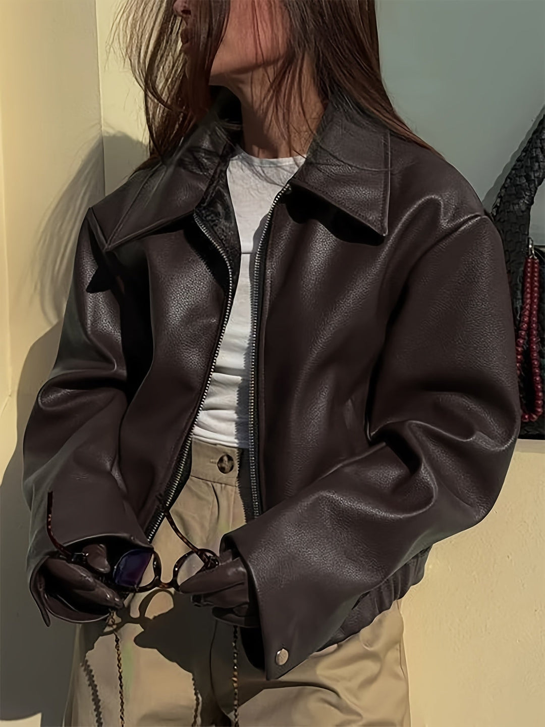 Raimetosa - PU Leather Zip-Up Jacket