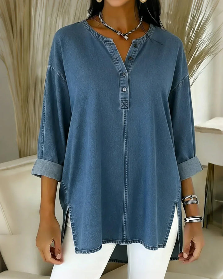 Yenara - Button-Down V-Neck Denim Top
