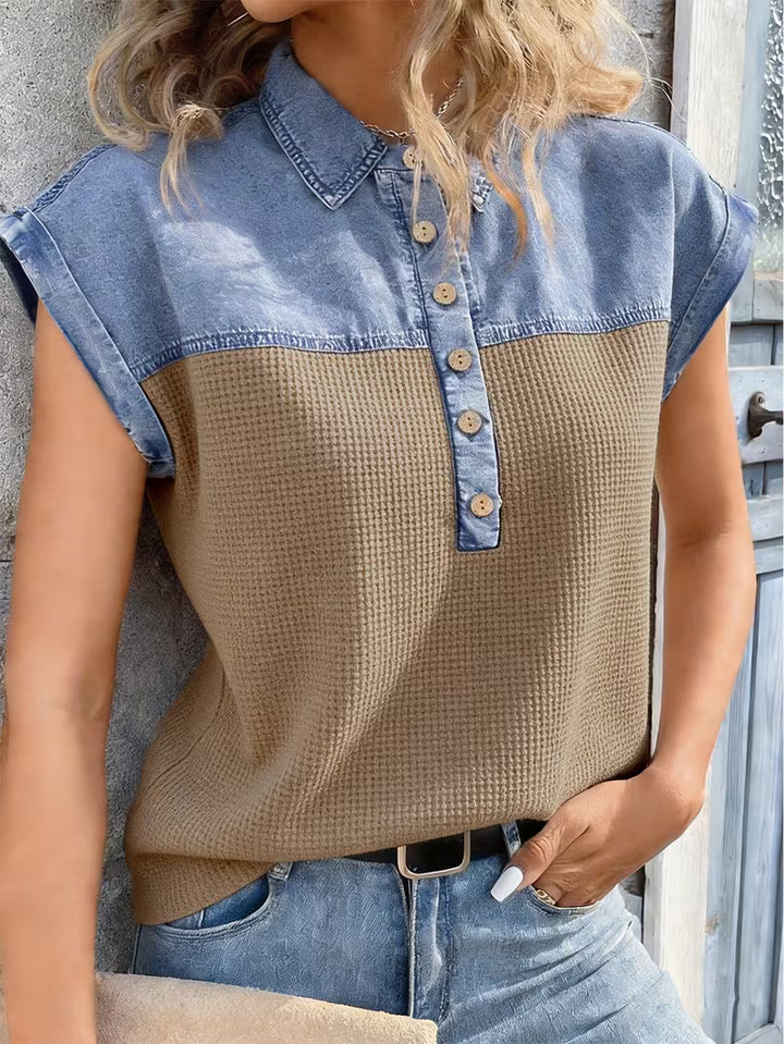 Haily - Casual Denim Patchwork Collar Top With Short Sleeve