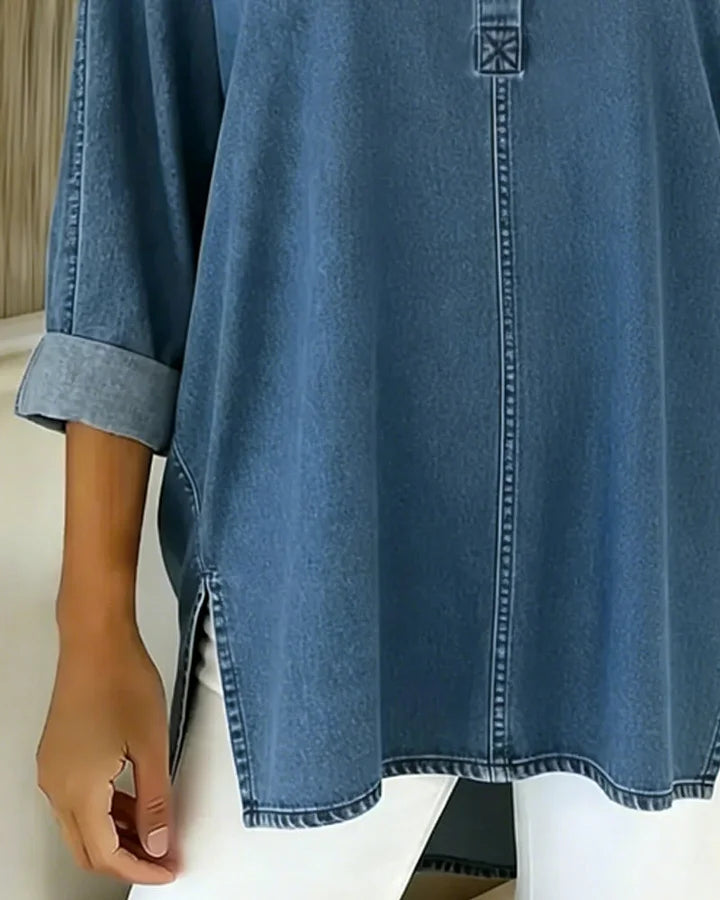 Yenara - Button-Down V-Neck Denim Top