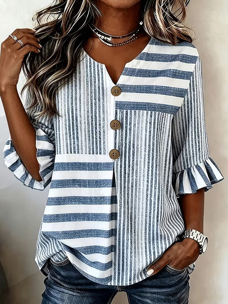 Avyra - Striped Patchwork Ruffle Sleeve Button Top
