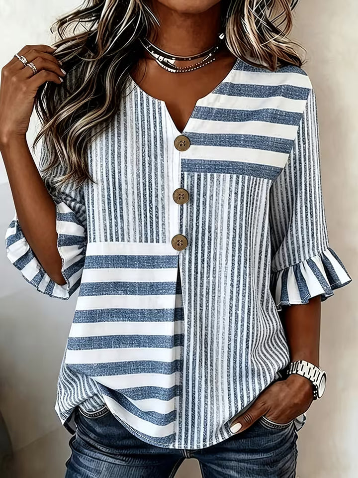 Avyra - Striped Patchwork Ruffle Sleeve Button Top
