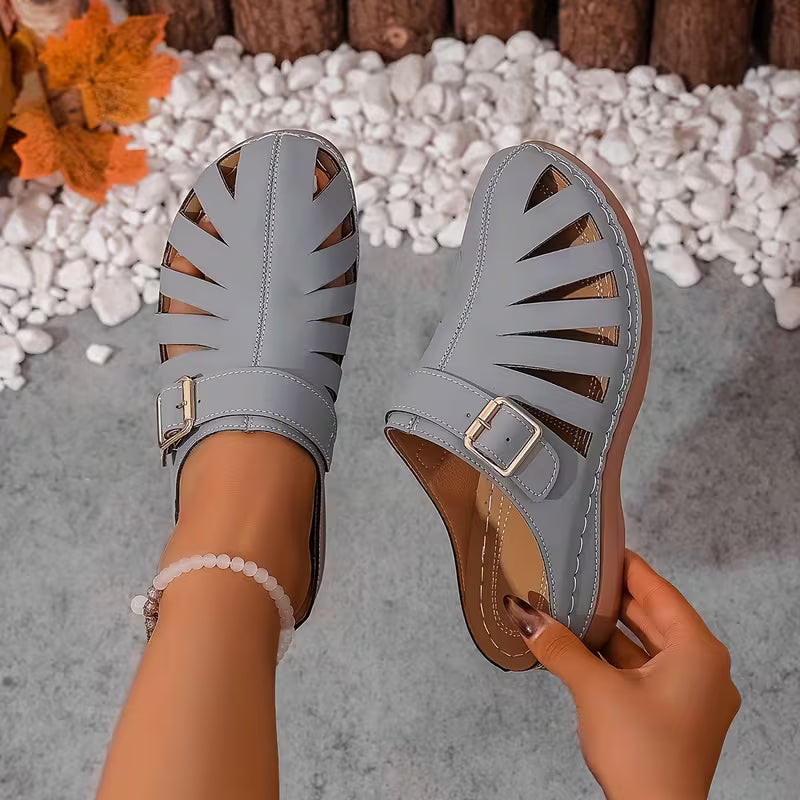 Alvena - Closed Toe Cutout Buckle Flat Sandals