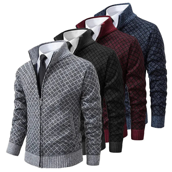 Klarik - Diamond Pattern Full-Zip Knit Cardigan