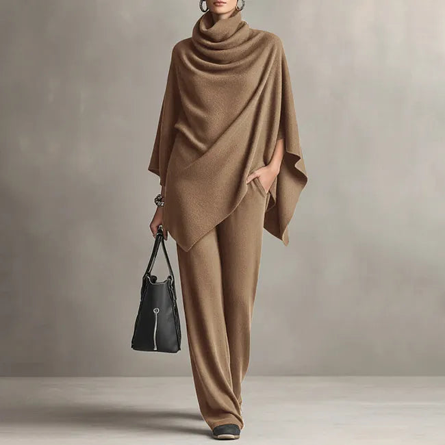 Tatjavuta - Cowl Neck Cape & Wide-Leg Pant Set