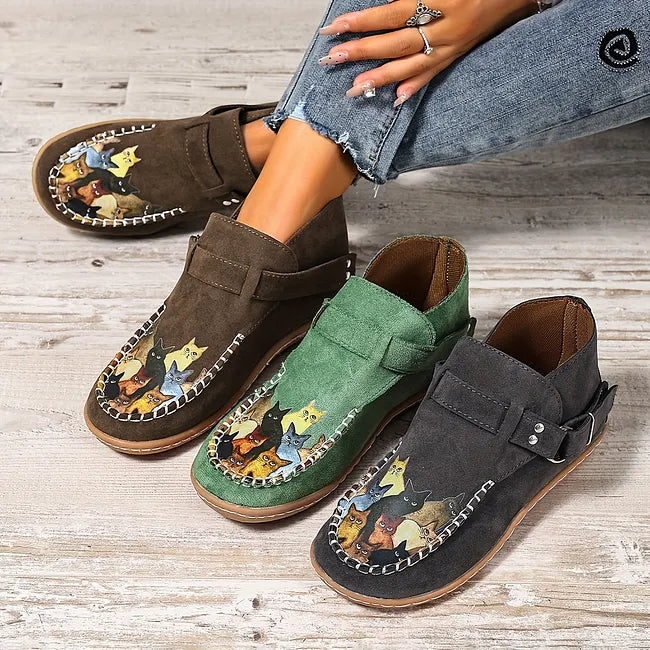 Corelle - Cat Print Flat Ankle Boots with Buckle