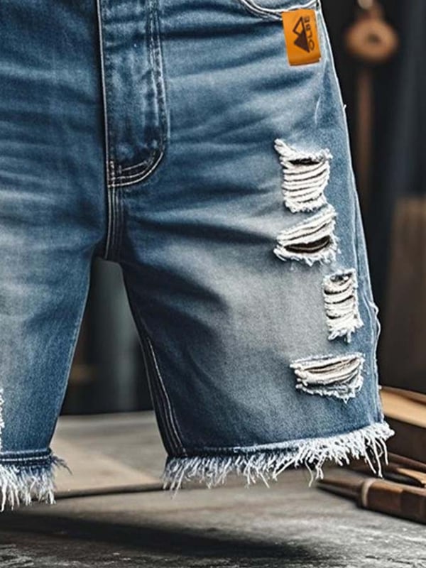 Men's Vintage Outdoor Functional Ripped Denim Shorts