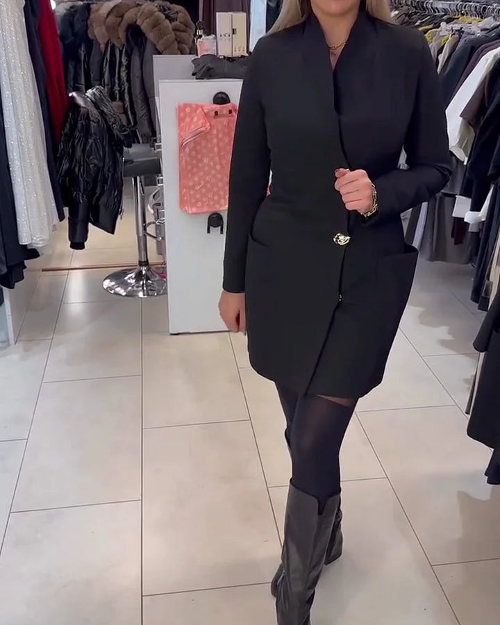 Shireen - Stand-up Collar Metal Button Dress