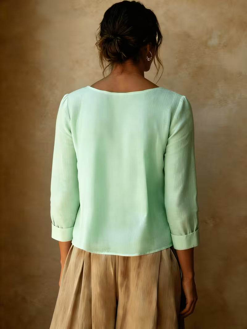 Gelina - Round Neck Blouse With Front Pleats