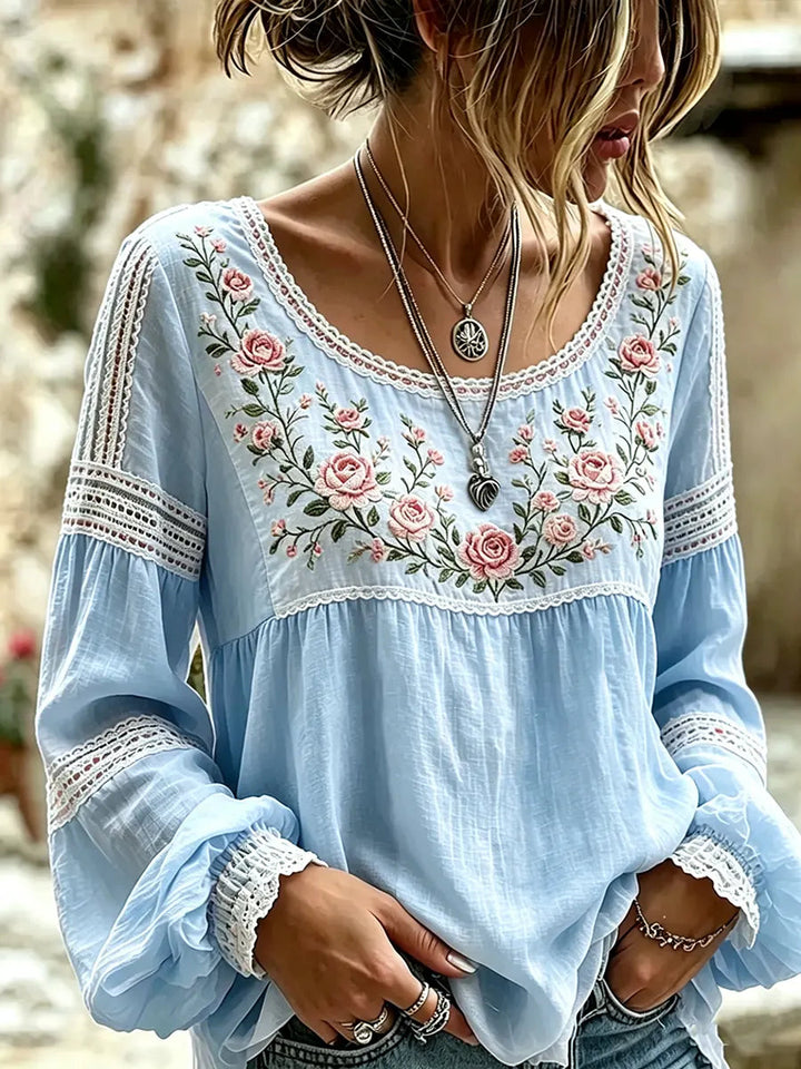 Esraa - Linen Blouse With Embroidered Floral Neck