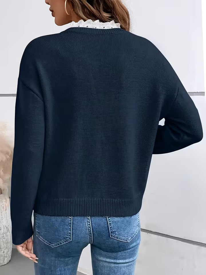 Kimbra - Stylish V-Neck Lace Trim Sweater