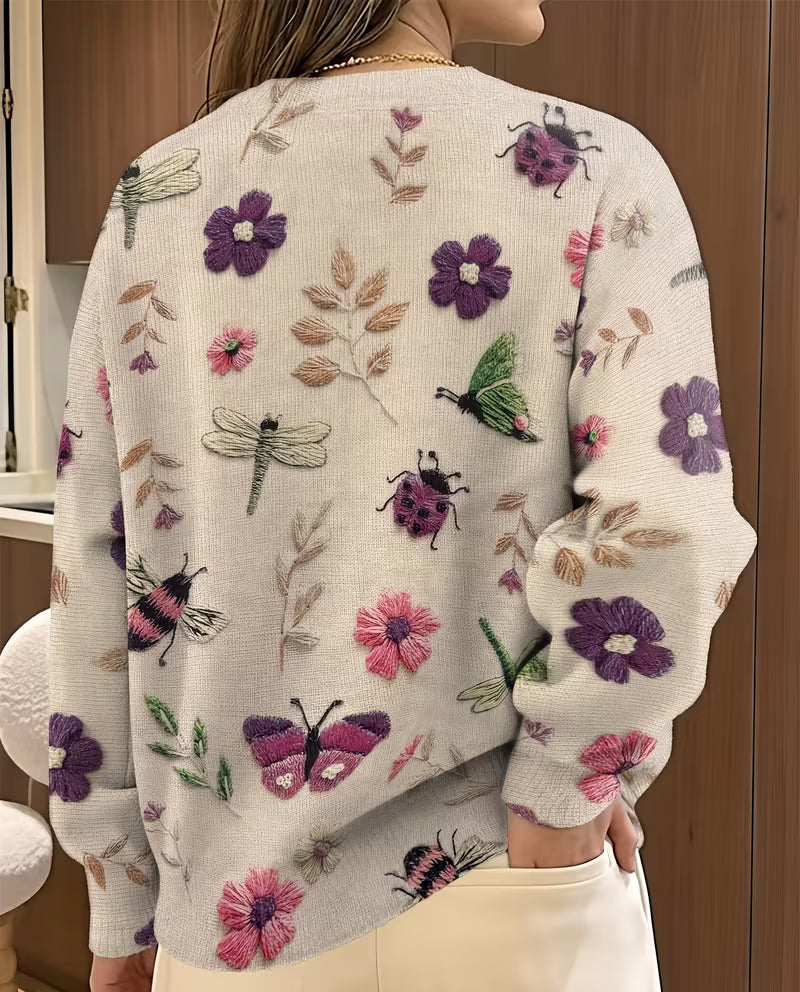 Soleilys - Casual Floral And Insect Print Sweater