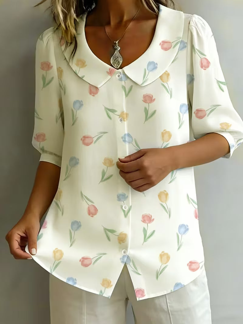 Alvique - Floral Print Collar Short Sleeve Blouse