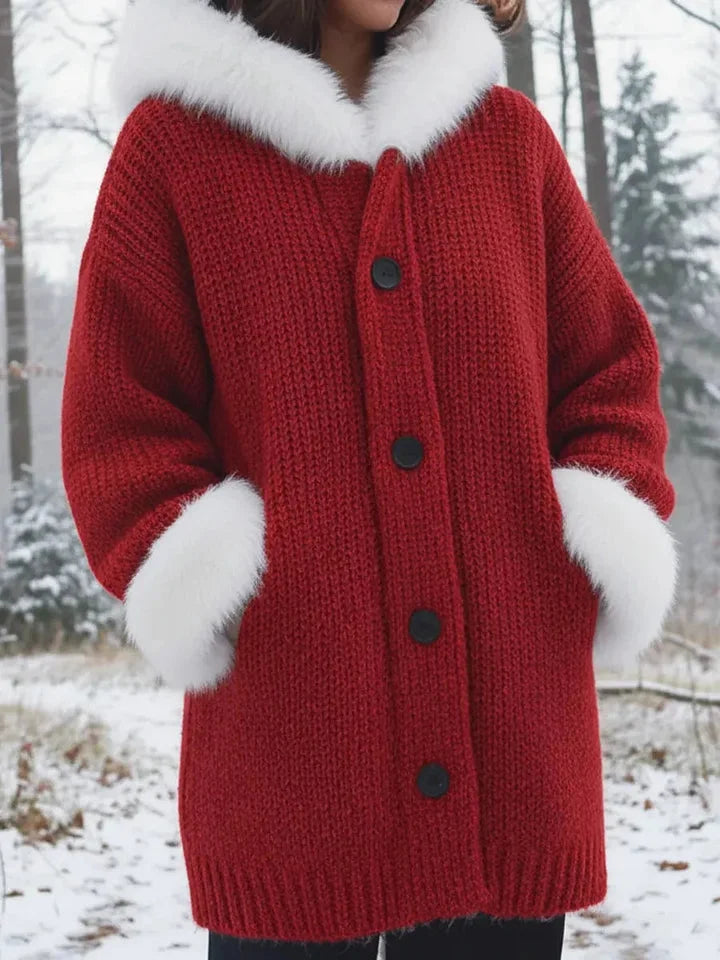 Nodia - Faux Fur Trim Knitted Hooded Coat