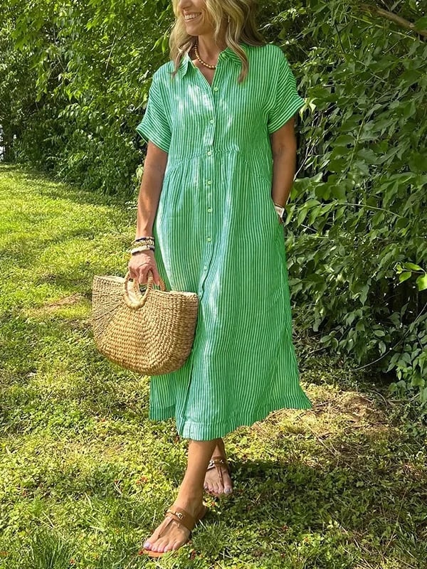 Alory - Comfortable Button Down Striped Midi Dress