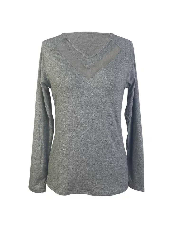 Mesha- V-neck Mesh Insert Long Sleeve Top