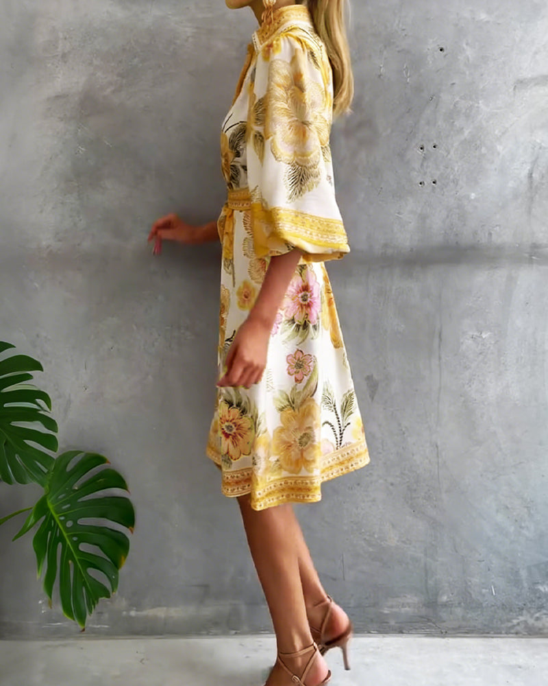 Nylera - Lantern Sleeve Dress With Notched Collar