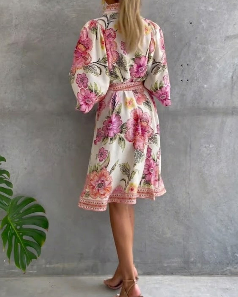 Nylera - Lantern Sleeve Dress With Notched Collar