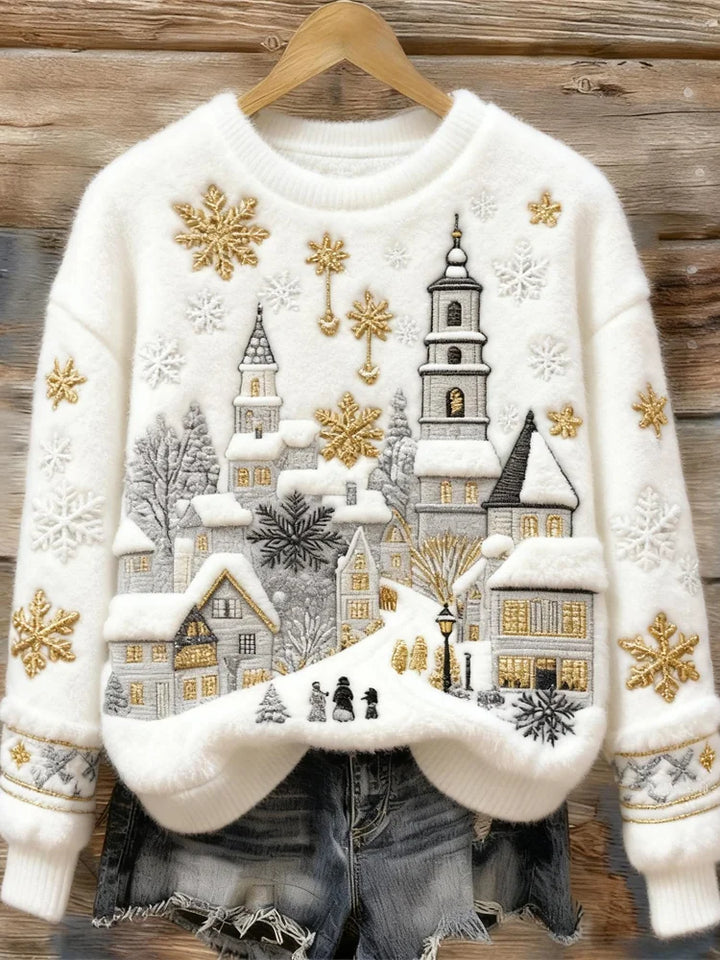 Kenisha - Christmas Snow Scene Embroidery Cozy Sweater