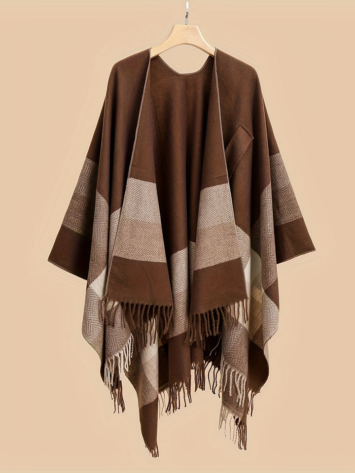 Lirelle - Geometric Pattern Fringed Poncho Shawl Wrap
