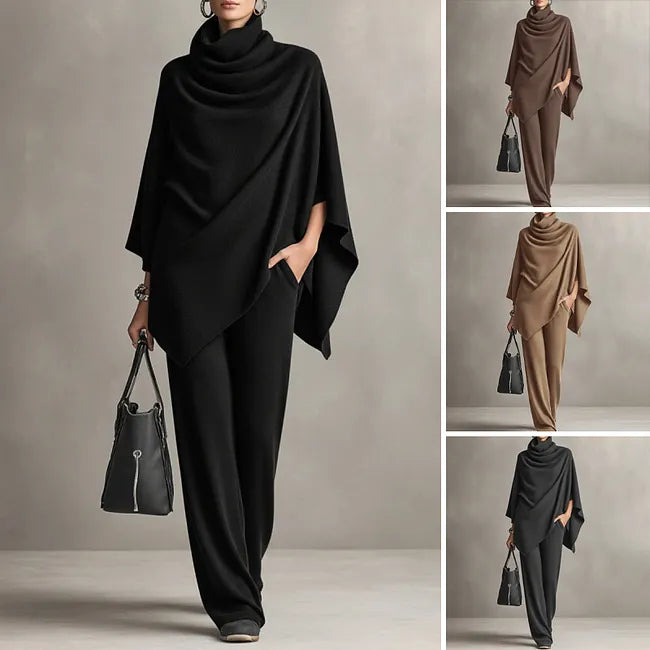 Tatjavuta - Cowl Neck Cape & Wide-Leg Pant Set