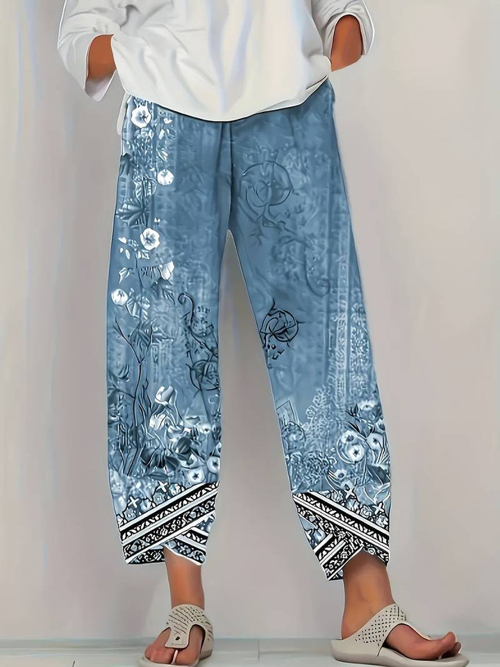 Thimasha - Vintage Floral Capri Pant With Elastic Waist