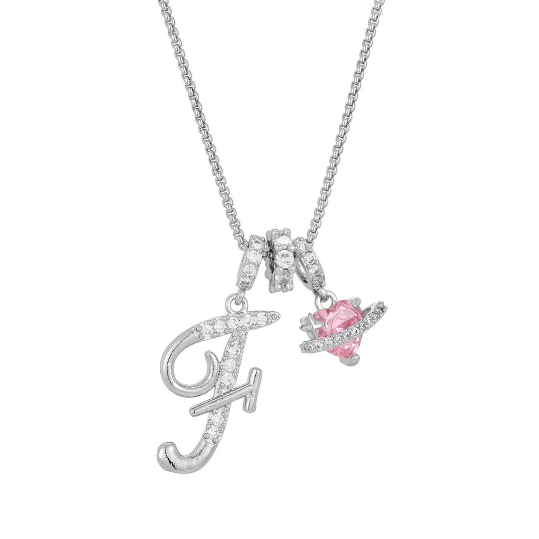 Nerute - Initial Letter Necklace With Pink Heart Charm